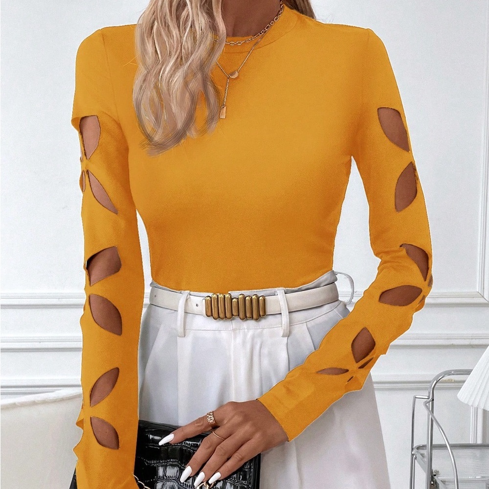 Women's Solid Color Round Neck Hollow Out Long Sleeve